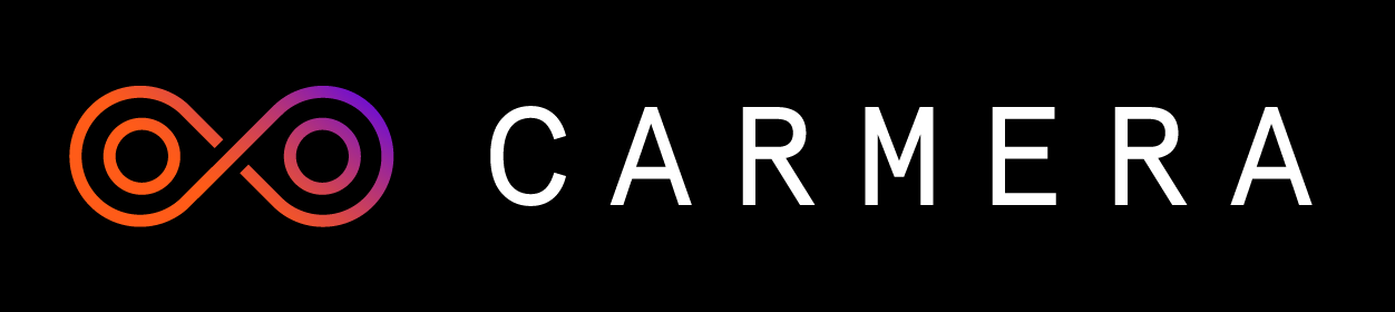 The Carmera logo is the company name spelled out in white capital letters with an orange-purple gradient graphic in the shape of an infinity double loop.
