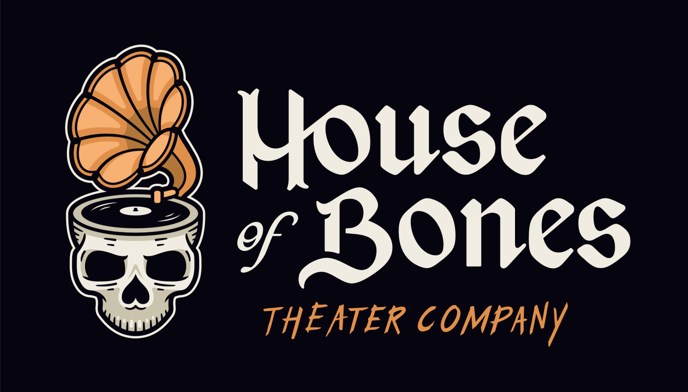 House of Bones logotype in white and gold on black background with skull
