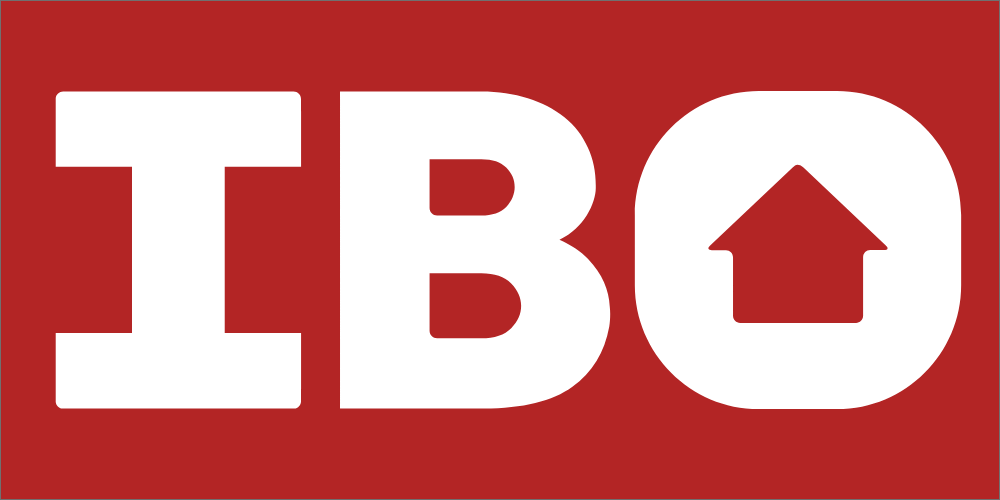 IBO logo in white block text on red background with a house shape inside the letter O