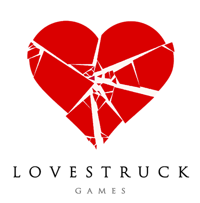 Lovestruck Games logo featuring open and airy typography and shattered red heart shape
