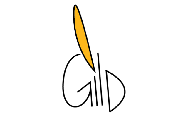 Logo spells Gild in a fun hand-written font with a yellow feather shape above the letter I