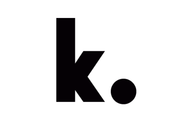Logo is a bold lowercase letter k with a period