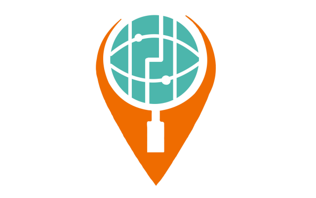 Logo styled after electronics models in blue-green and orange