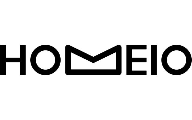 Logo spells out HOMEIO with the M stylized to resemble a building