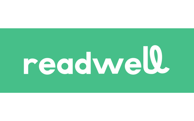 Logo spells readwell in white over a mint green rectangle