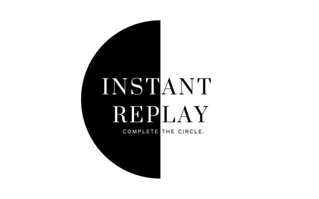 InstantReplay logo text inside a half black half white circle