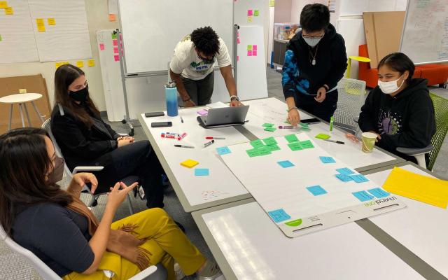 Group of students working around a whiteboard table with post-its 