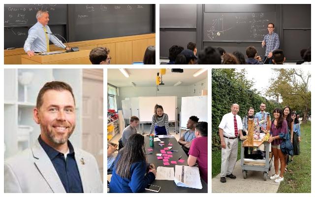 From left to right and top to bottom: Chris Kuenne in the classroom, Andrew Houck at a blackboard, headshot of Rob Van Varick, Jessica Leung teaching at table of students, Mike Littman walking with students pushing a cart with a project model