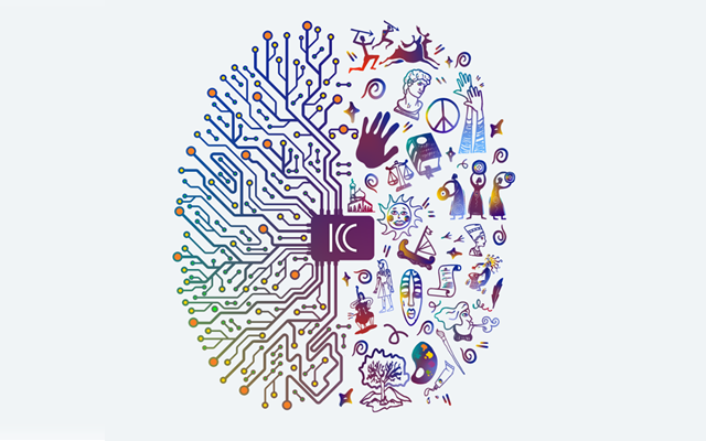 Graphic of brain with "KC" in center, left side designed as grid, right side featuring various humanities themed images