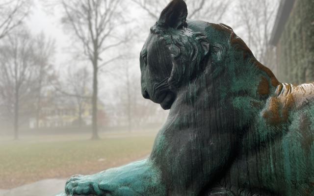 Nassau Hall tiger statue in the fog