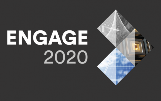 Text reading "Engage 2020" on gray background with three squares arranged in arrow shape