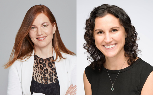 Left: woman with red hair and white jacket, right: woman with dark curly hair and black top