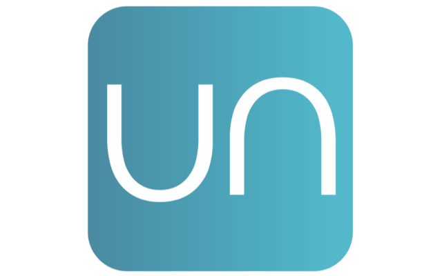 Logo is a blue app square with the letters UN