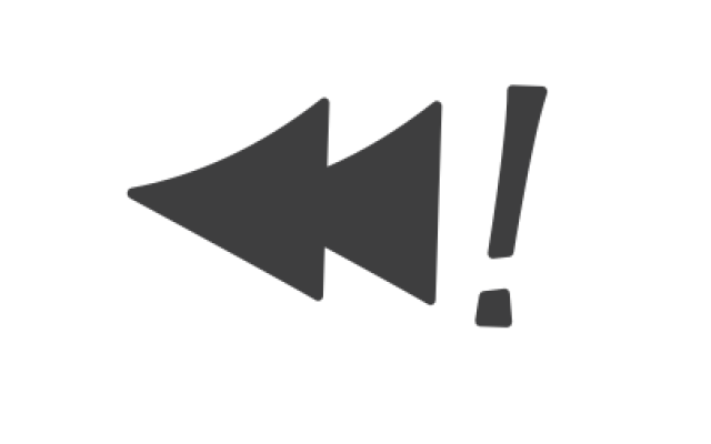 Logo is two triangles that signify rewinding with an exclamation point