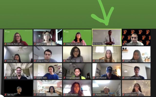 zoom screen shot with many student faces and an arrow pointing to Ed Zschau