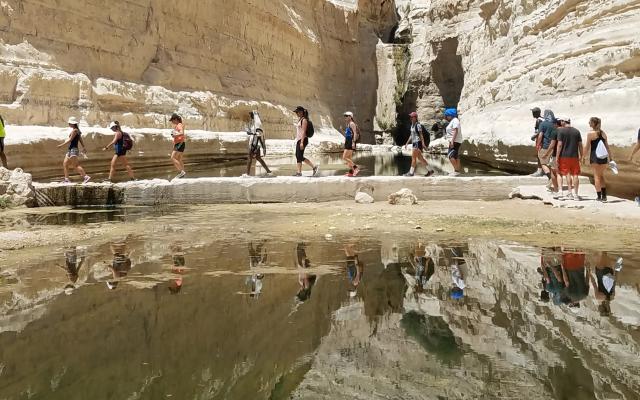 Students walking across a stone bridge over a body of water